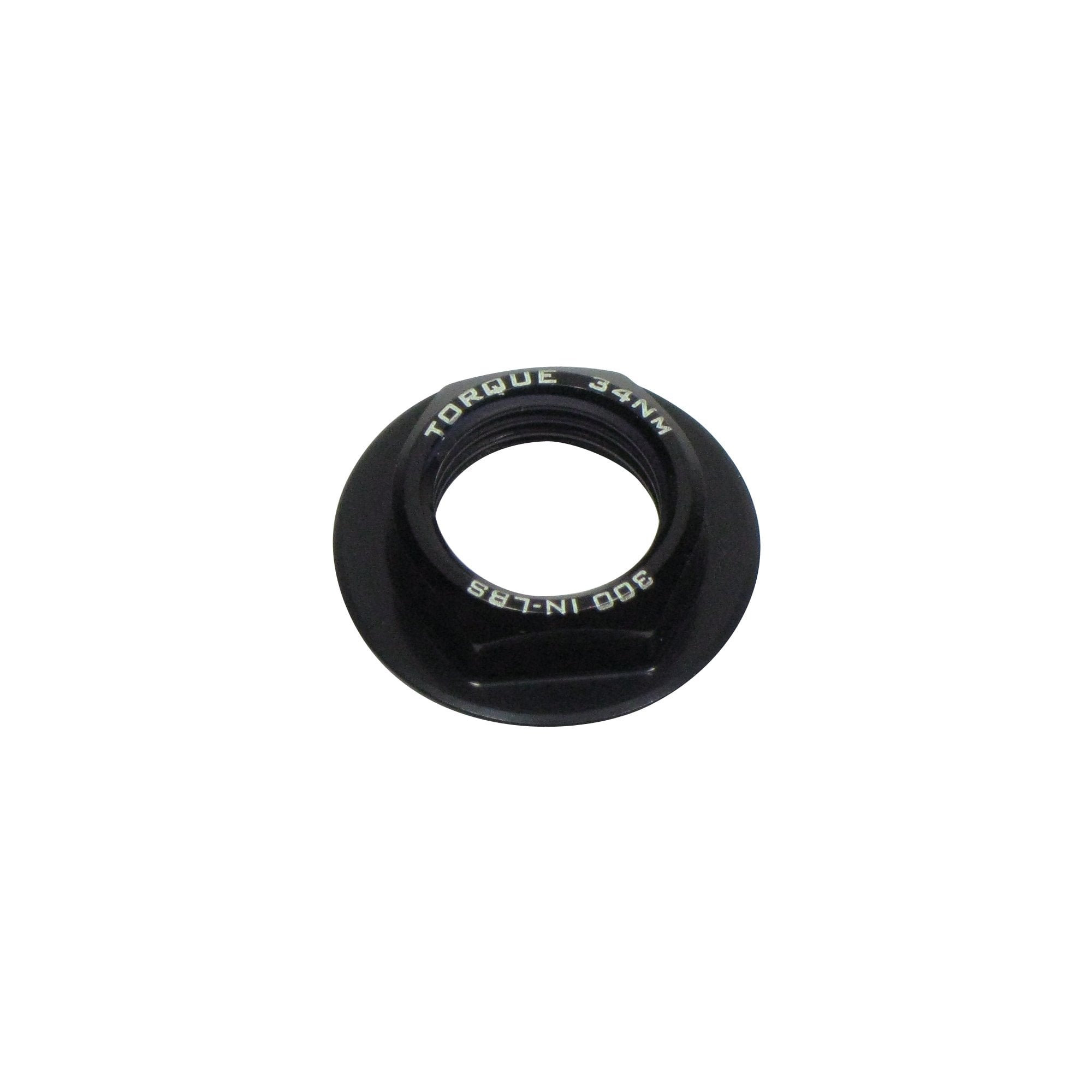 Trek black M16 x 6mm main pivot axle nut for full-suspension bike components, shown on a bicycle part.
