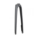 Trek Domane SLR 700C road bike fork components showing sleek carbon fiber construction for precise steering and control.