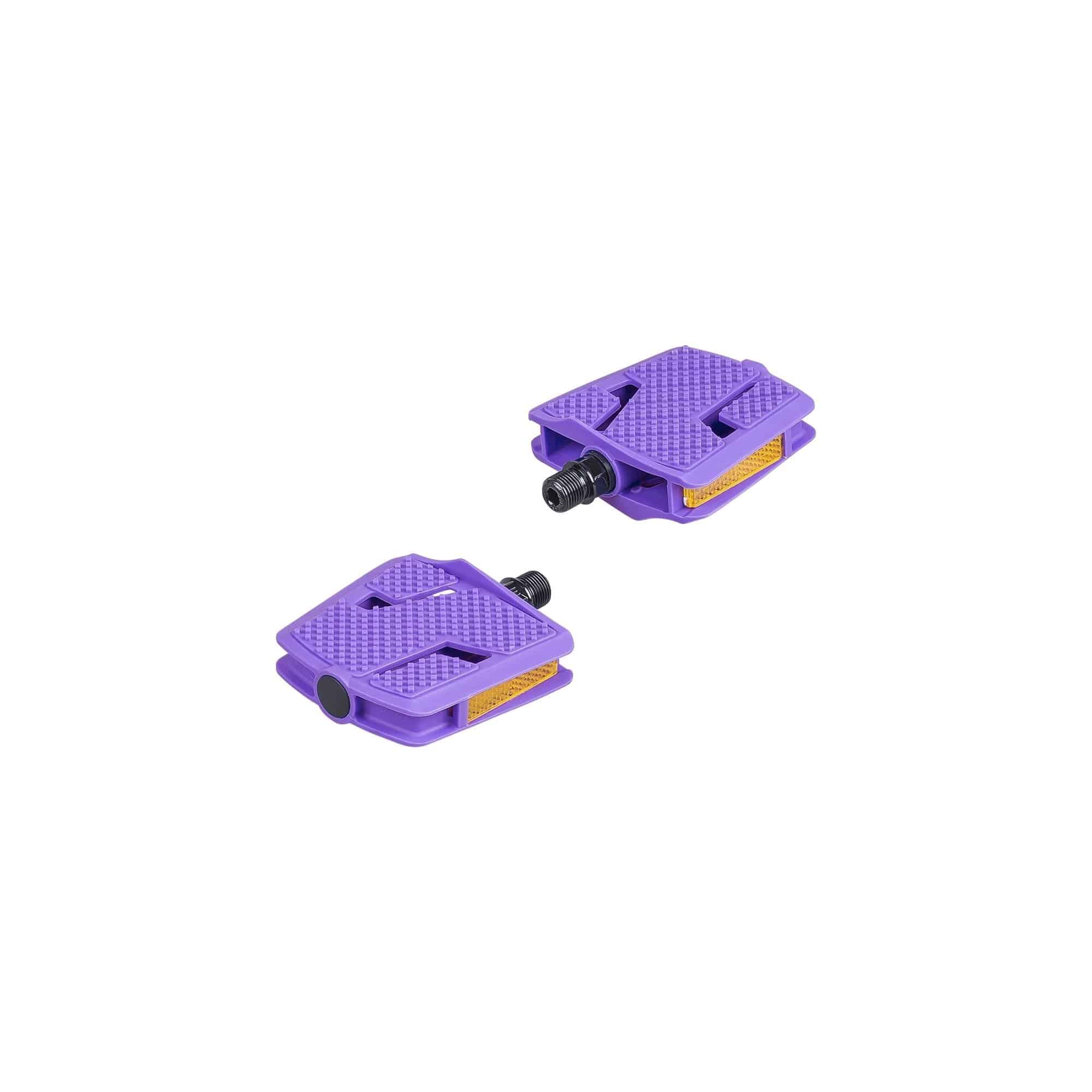 Trek Kids' large platform flat pedals with 9/16-inch axles in ultraviolet color, designed for kids' bikes.