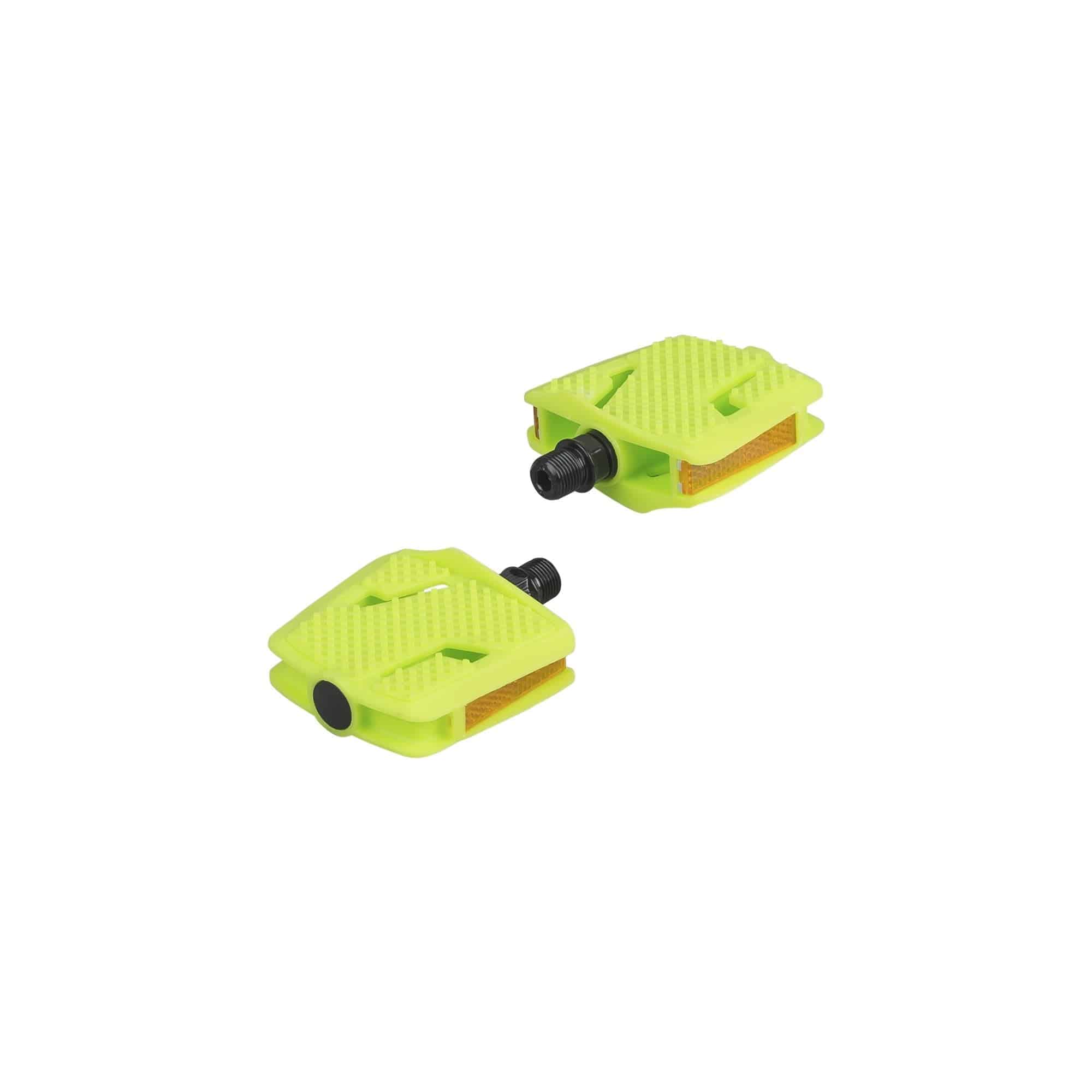 Trek Kids' small flat platform pedals for children's bikes, durable components with textured surface for grip and stability.