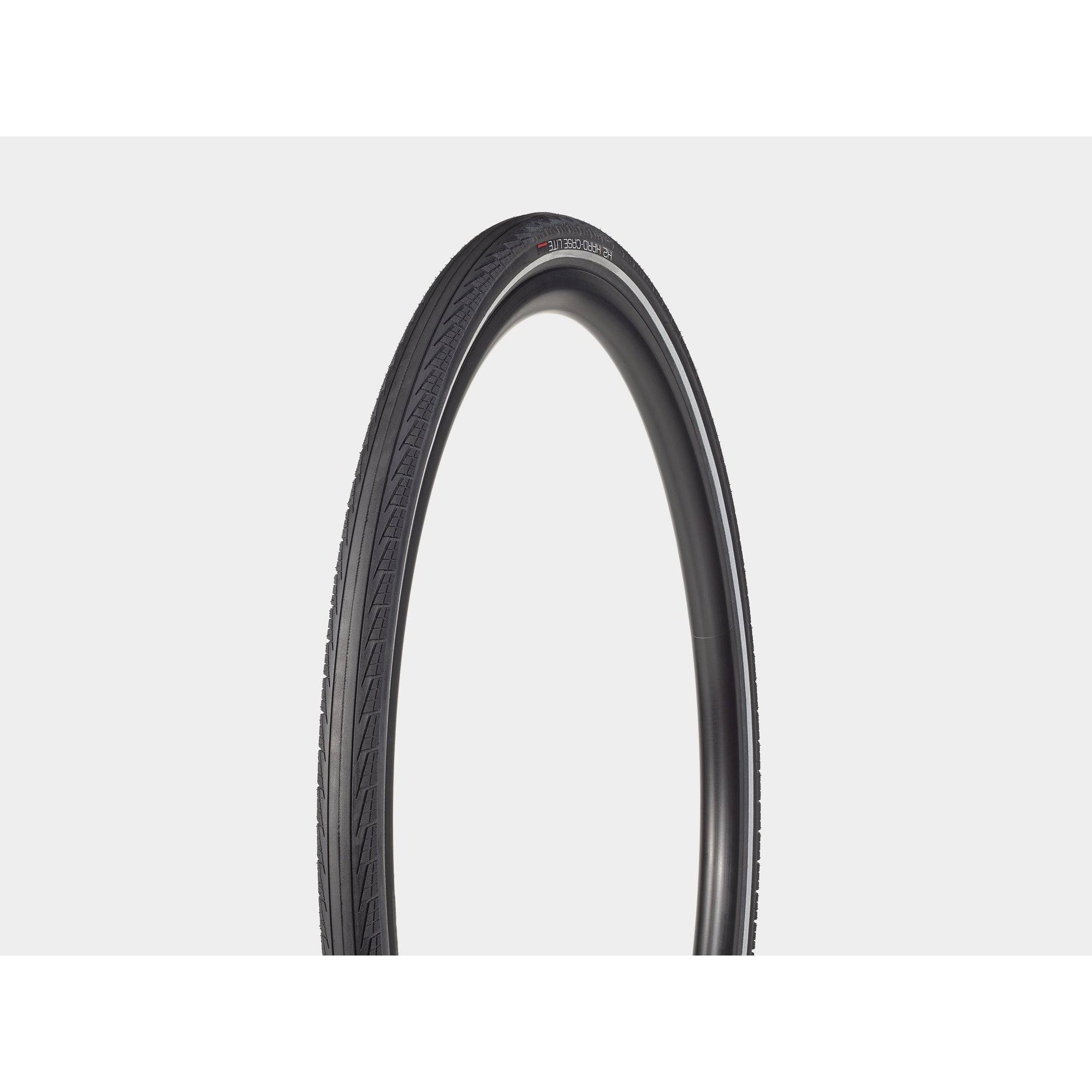 Bontrager H2 Hard-Case Lite reflective hybrid bike tires showing textured rubber tread and sidewall branding.