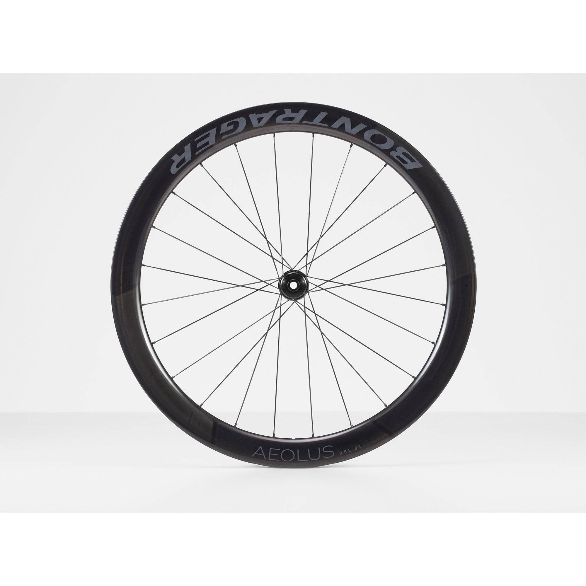 Bontrager Aeolus RSL 51 TLR disc road wheels with tubeless-ready carbon aero rims and aerodynamic design.