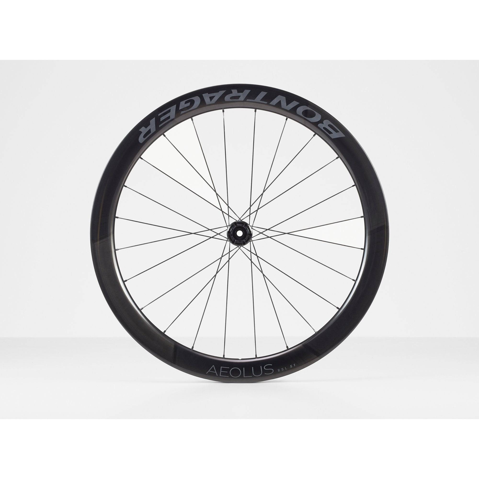 Bontrager Aeolus RSL 51 TLR disc road wheels with tubeless-ready carbon aero rims, lightweight cycling component.