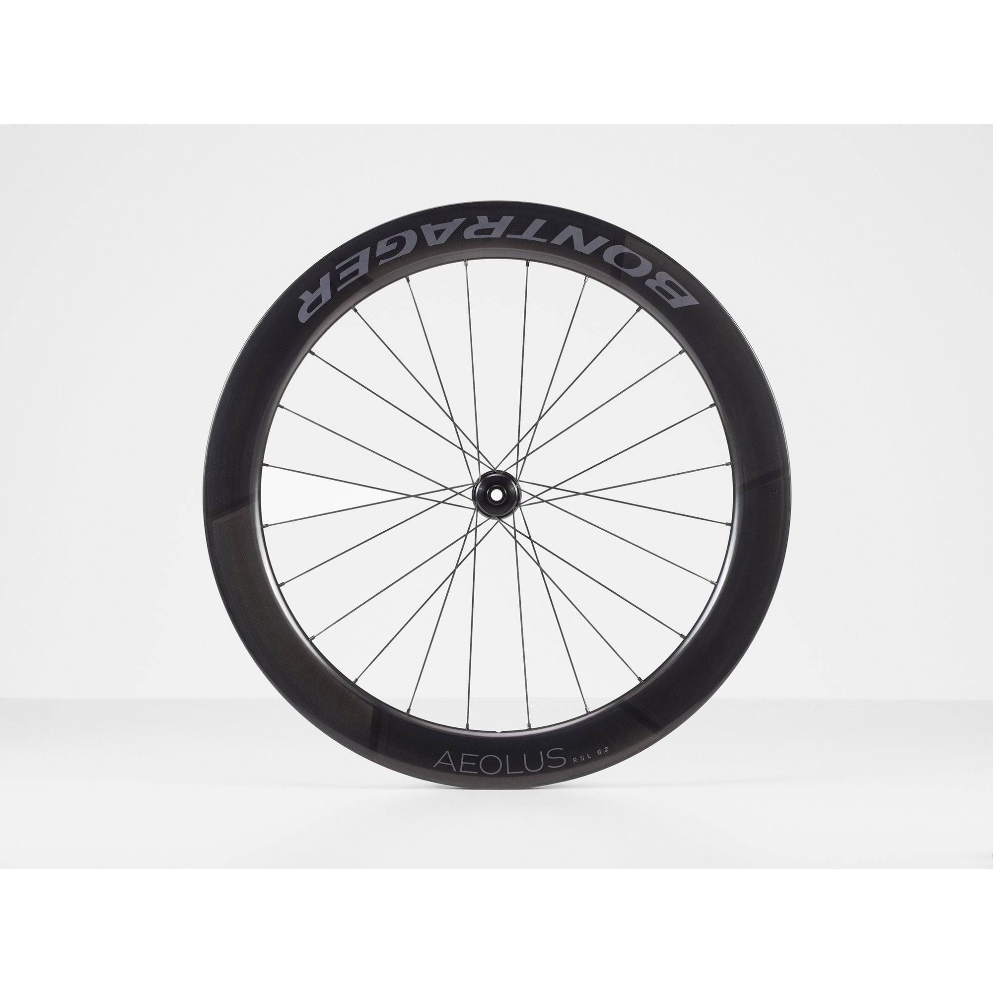 Bontrager Aeolus RSL 62 TLR disc road wheels with tubeless-ready carbon aero rims and aerodynamic design for cycling.