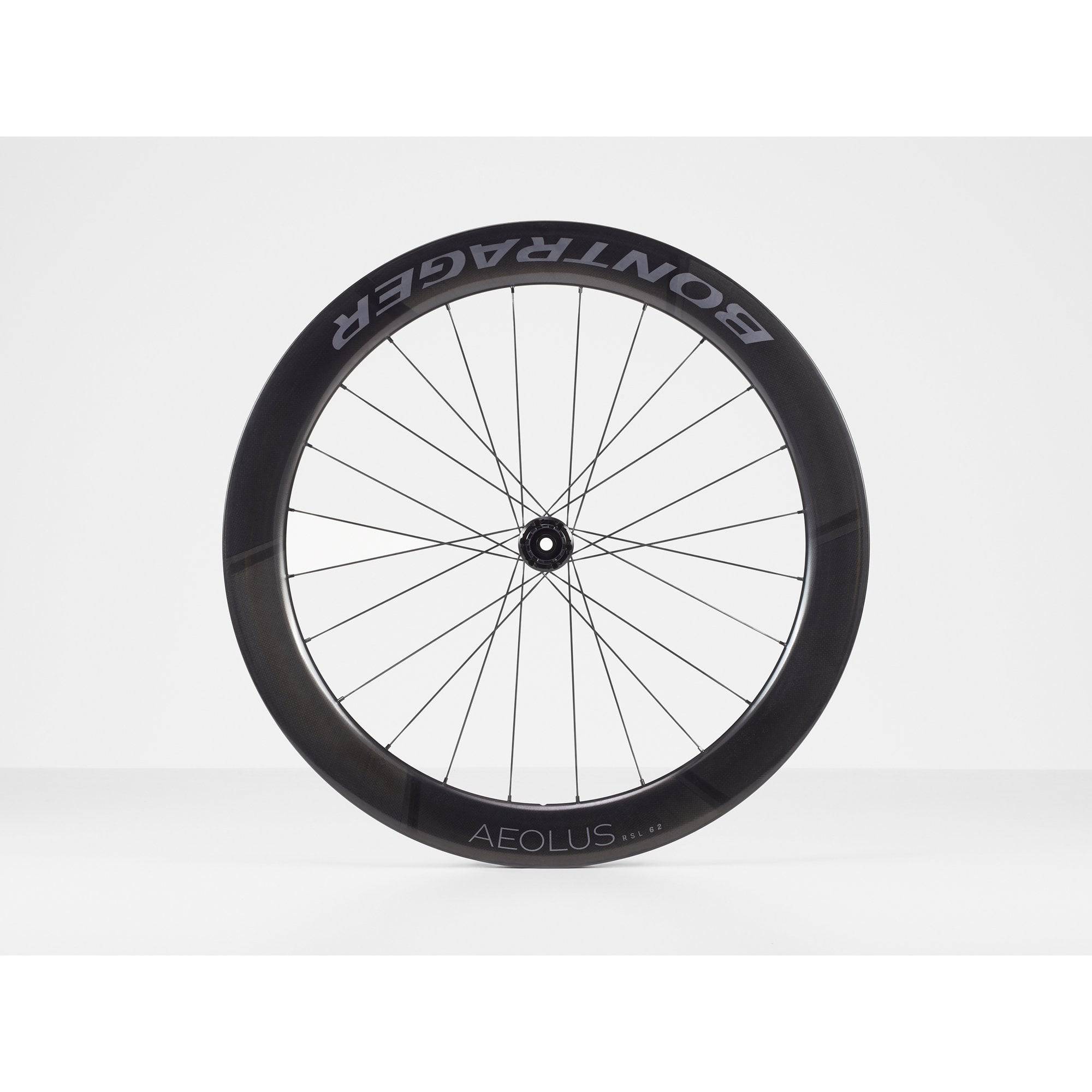 Bontrager Aeolus RSL 62 TLR disc road wheels with tubeless-ready carbon aero rims and sleek aerodynamic design.