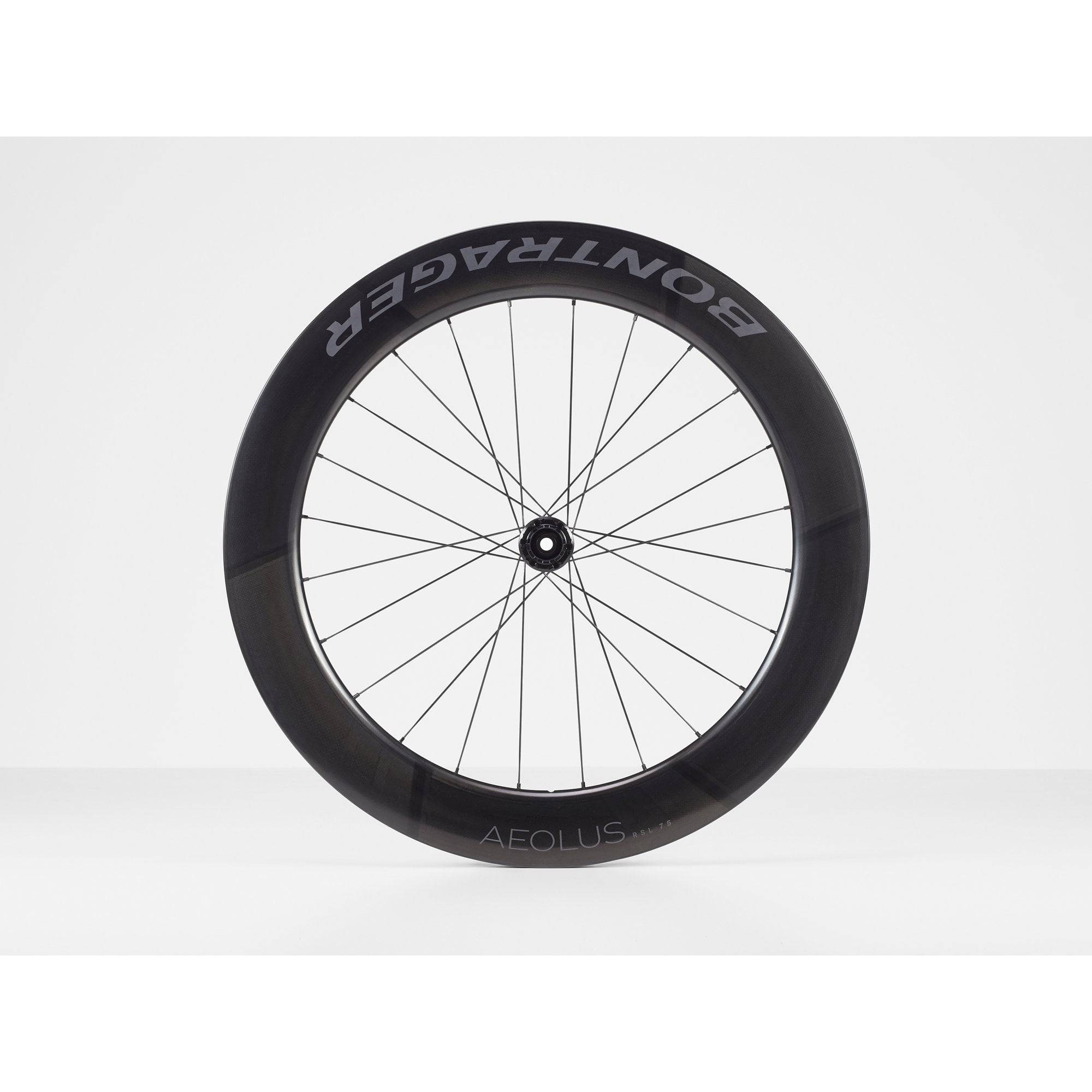 Bontrager Aeolus RSL 75 TLR disc road wheels with tubeless-ready carbon aero rims and aerodynamic design.