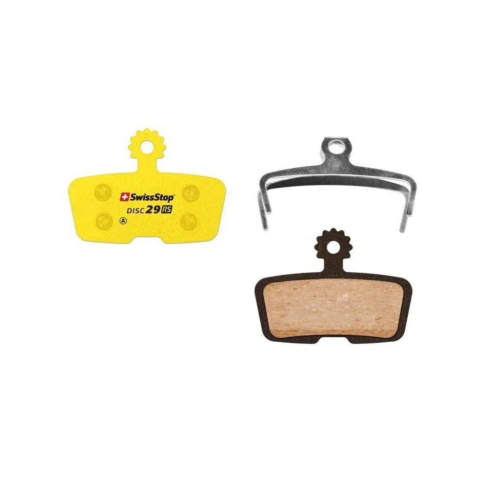 SwissStop Disc 29 brake pads for SRAM MTB Code and Guide yellow disc RS brakes, showing close-up of component packaging.