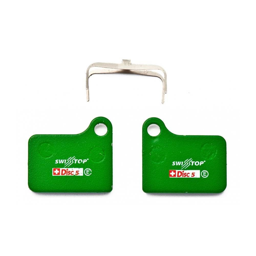 SwissStop Disc 5 Organic brake pads for Shimano Deore BR-M555, pair of green components for bicycle disc brakes.