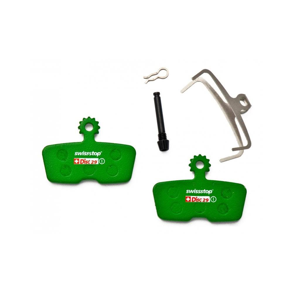SwissStop MTB disc brake pads for SRAM Code and Guide green disc brakes, pair of high-performance bicycle brake components.