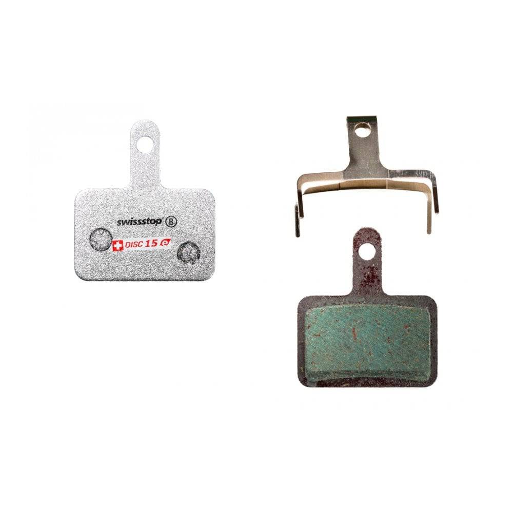 SwissStop Disc 15 brake pads for Shimano M5, T6, M3 silver disc, high-performance cycling brake components.