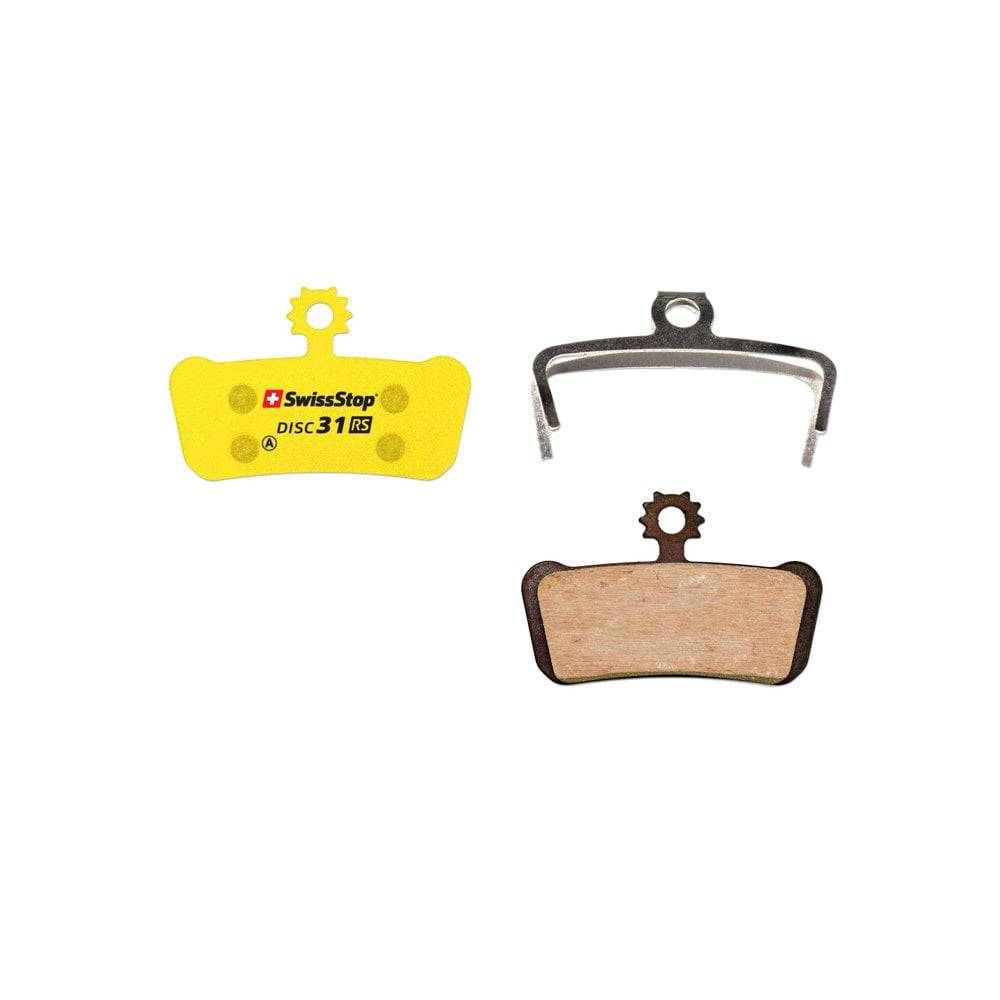 SwissStop Disc 31 brake pads for SRAM MTB G2, Guide, Level Yellow disc brakes, shown in a close-up image.