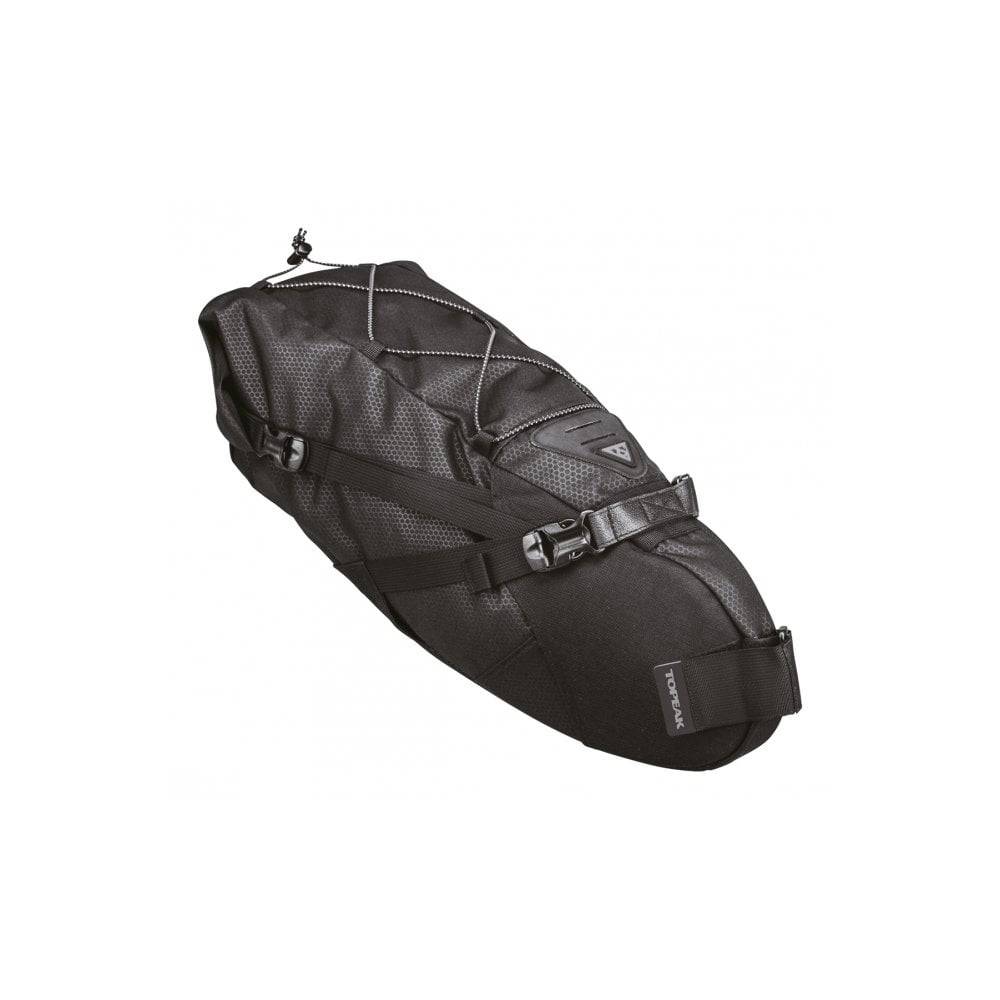 Topeak Backloader waterproof bikepacking seat pack with quick release mount, designed for secure storage on bike saddle.