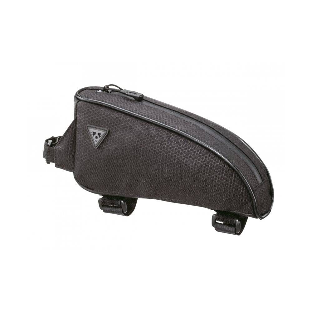 Topeak Toploader bikepacking bag in black with rain cover and dividers, 0.75L capacity, designed for cycling accessories.
