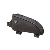 Topeak Toploader bikepacking bag in black with rain cover and dividers, 0.75L capacity, designed for cycling accessories.