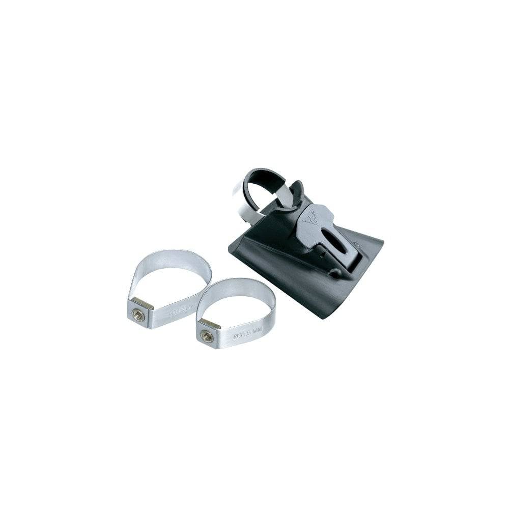 Topeak Fixer 7 silver and black bike seatpost luggage mounting accessory attached to a bike seatpost for secure cargo attachment.