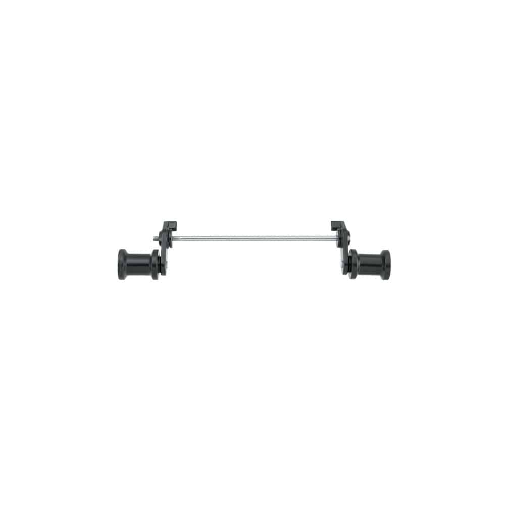 Topeak Journey Trailer QR hitch quick-release connector in black and silver for bike trailers, shown in a workshop setting