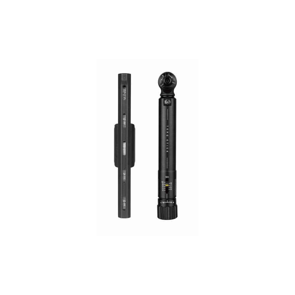 Topeak Torq Stick black adjustable torque wrench with bit storage, used for precise bicycle maintenance and workshop use.