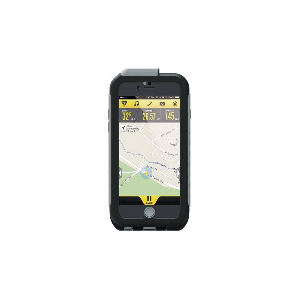 Topeak Weatherproof Ridecase for iPhone 6+/6s+ with QuickClick bike mount in black and grey, showing the protective case on an iPhone.