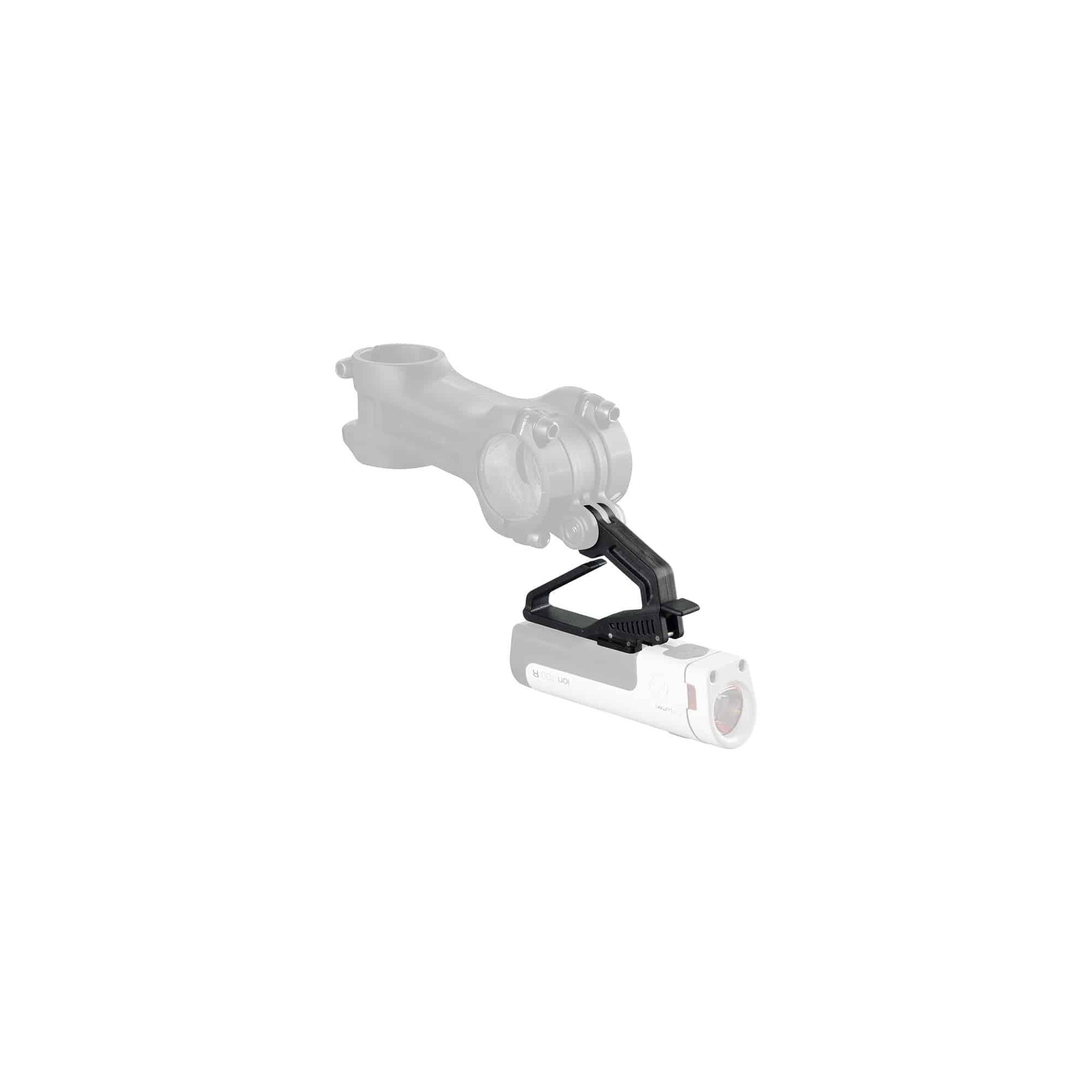 Bontrager Blendr MTB Ion light mount in black attached to a bike stem, compatible with Blendr stems and bases for bike lighting.