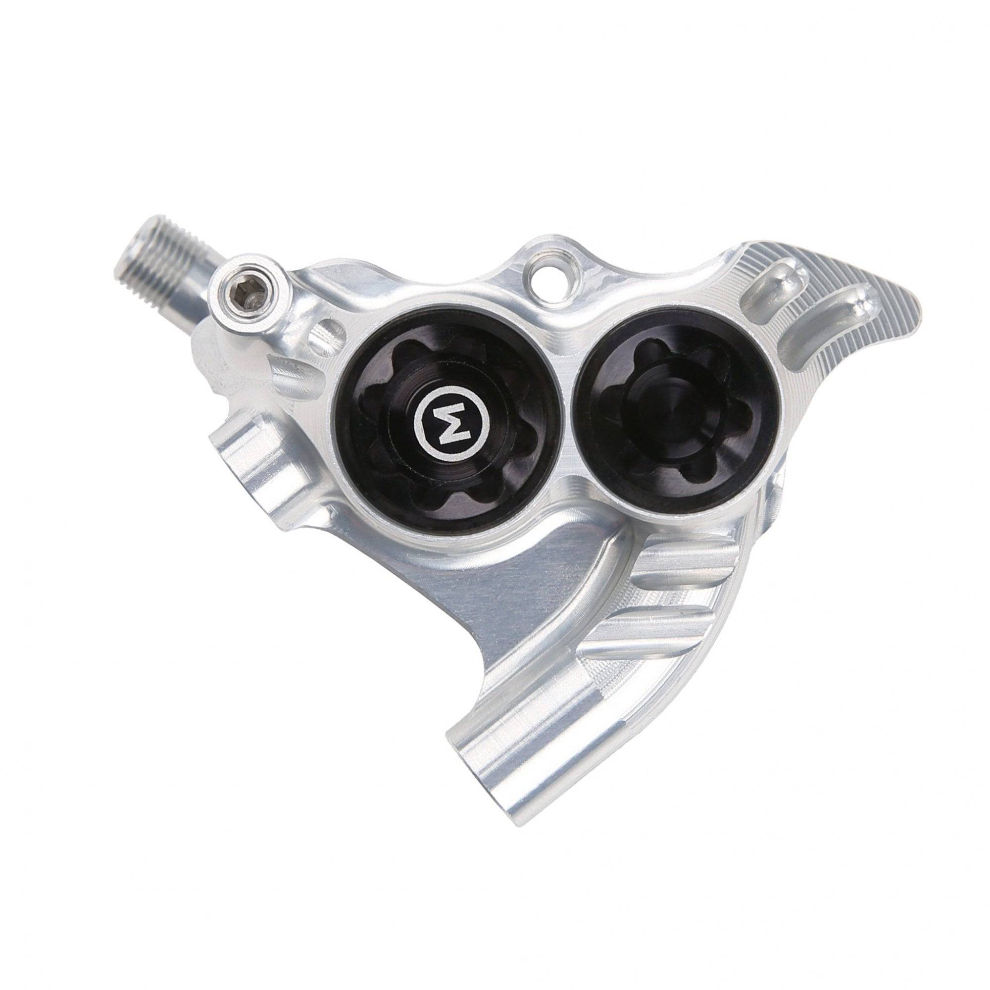 Hope RX4+ Flatmount rear brake caliper for 160mm and 180mm rotors, bike component with mounting hardware.