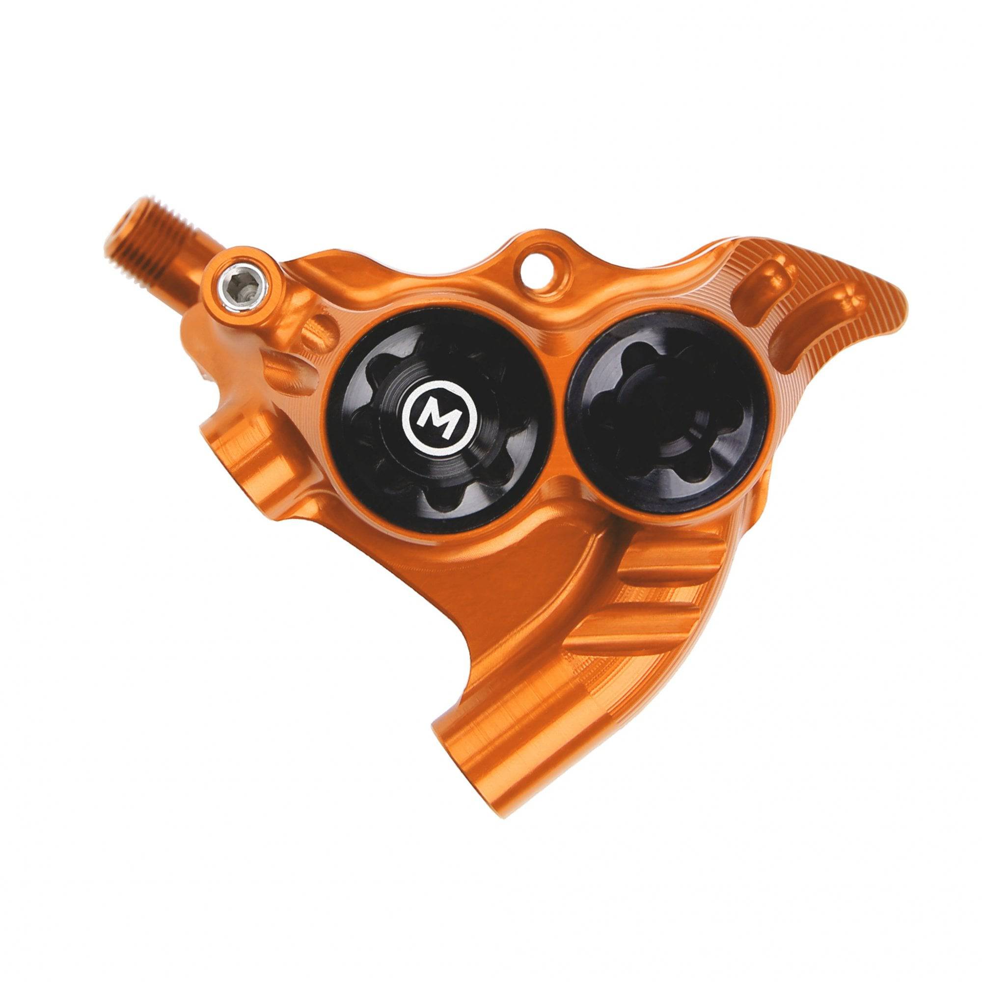Hope RX4+ flatmount rear brake caliper for 160mm and 180mm rotors, bike component with detailed brake assembly.