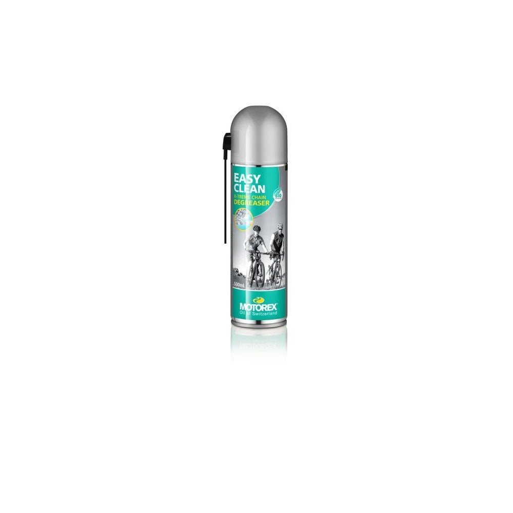 Motorex Easy Clean Spray in silver and green, 500ml biodegradable bike chain cleaner for workshop use.