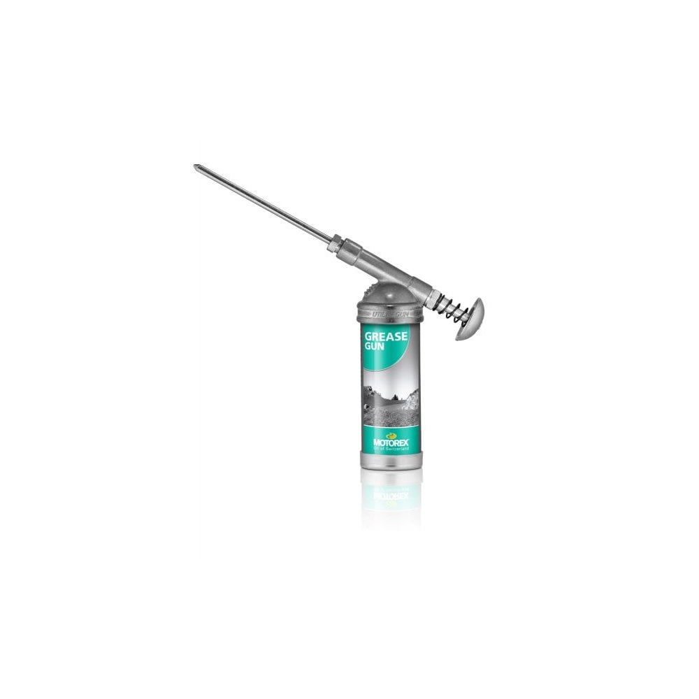 Motorex Silver and Green bike grease gun for efficient lubrication and workshop use, featuring a durable design and ergonomic handle.