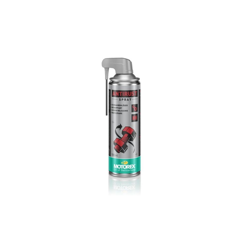 Motorex Anti-Rust Spray in silver and green bottle, used for rust protection and metal maintenance in workshop settings.