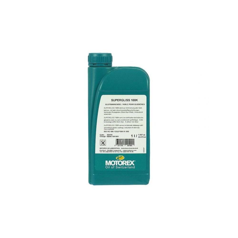 Motorex Supergliss K oil for fork bushings, a high-performance suspension lubricant, shown in a workshop setting.