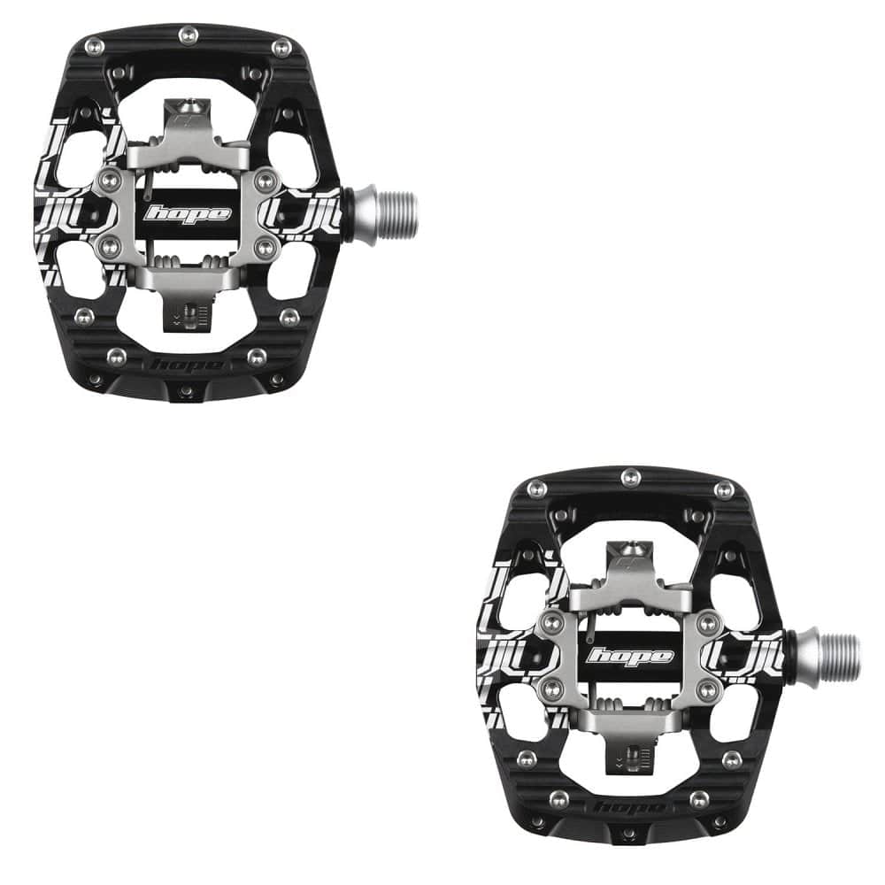 Hope Union gravity clipless pedals pair for cycling, featuring durable metal construction and sleek black design.