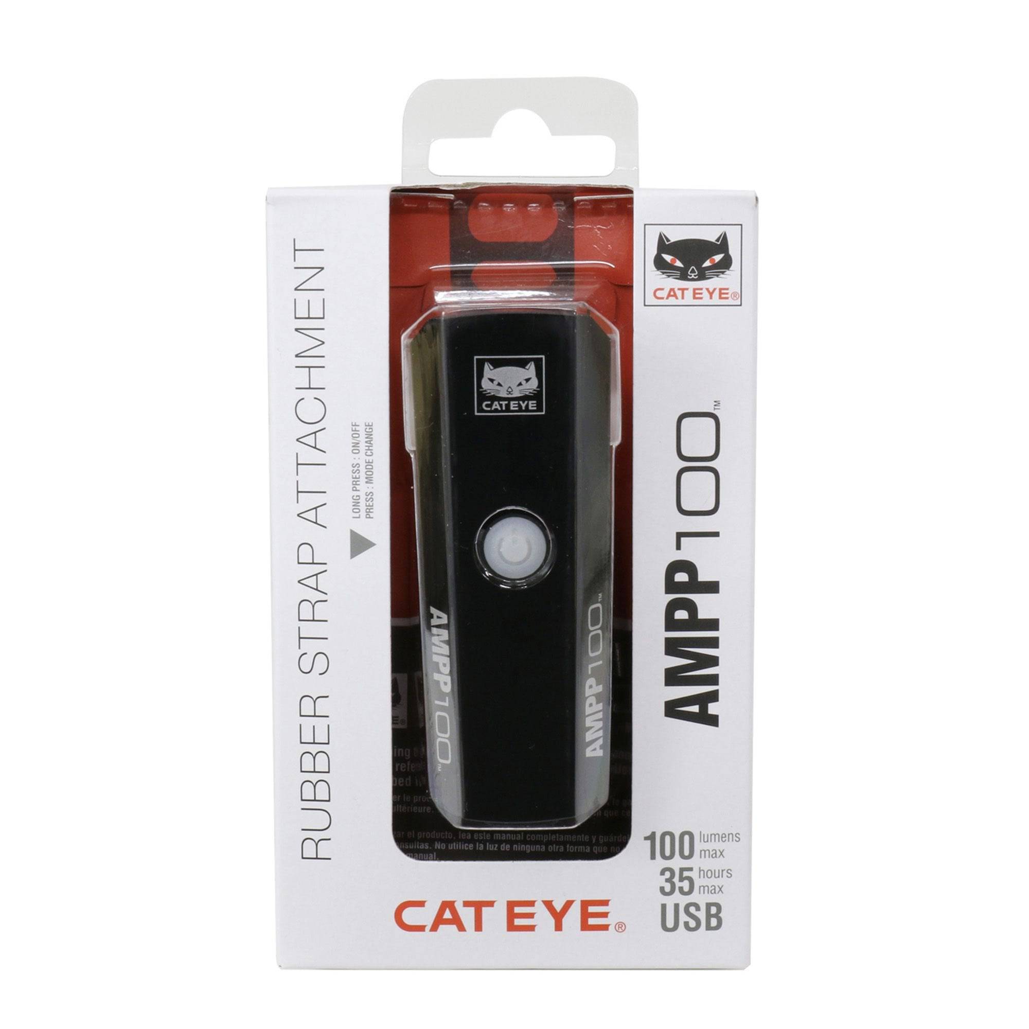 Black CatEye AMPP 100 front bike light with 100 lumens, USB rechargeable, waterproof IPX4, designed for cycling safety.