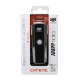 Black CatEye AMPP 100 front bike light with 100 lumens, USB rechargeable, waterproof IPX4, designed for cycling safety.