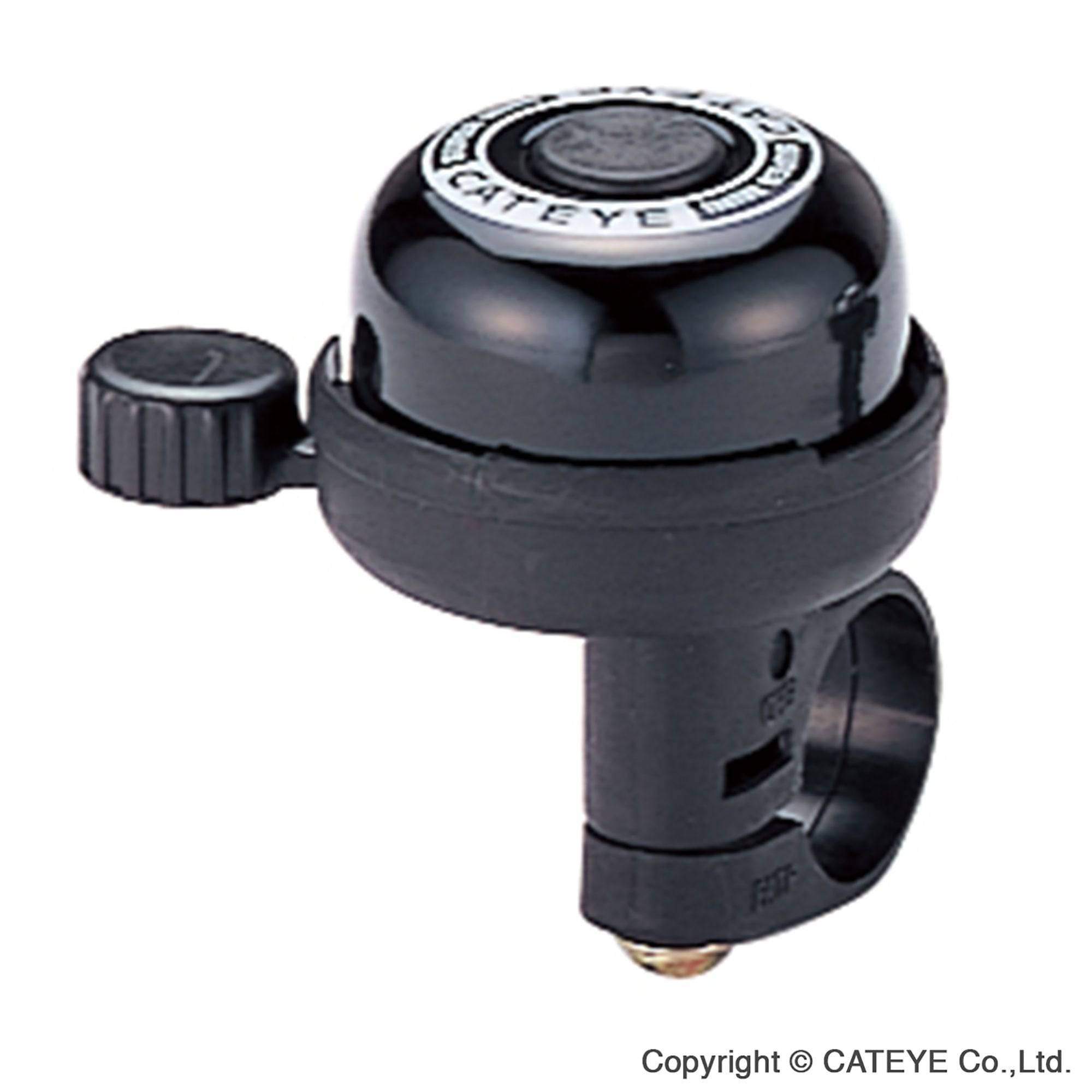 Cateye PB-600 Super Mini Bike Bell with loud 88dB aluminum handlebar horn on a bicycle handlebar.