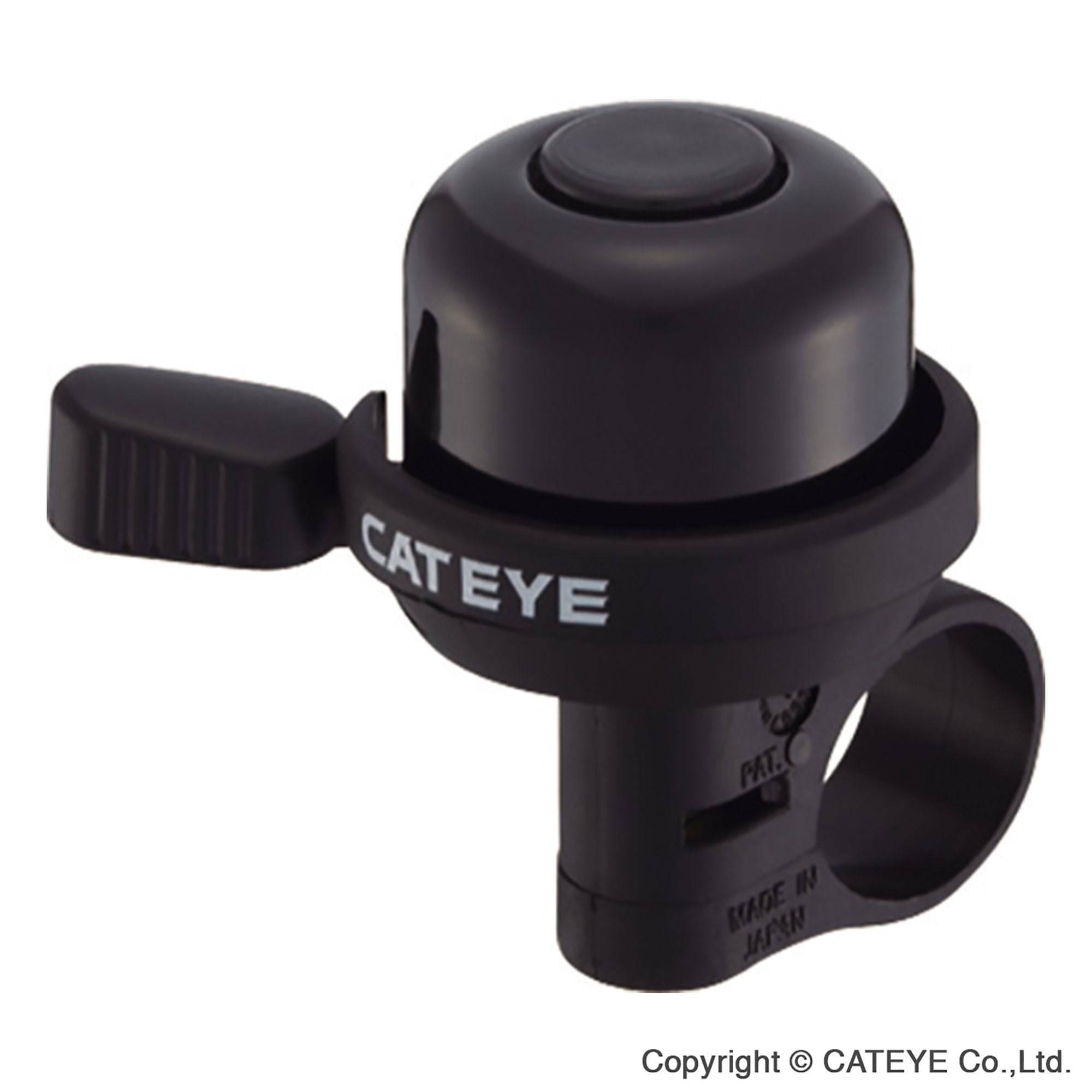 Cateye PB-100Al aluminum wind bell and double ring horn attached to bike handlebars, fits 22.2mm diameter handlebars.