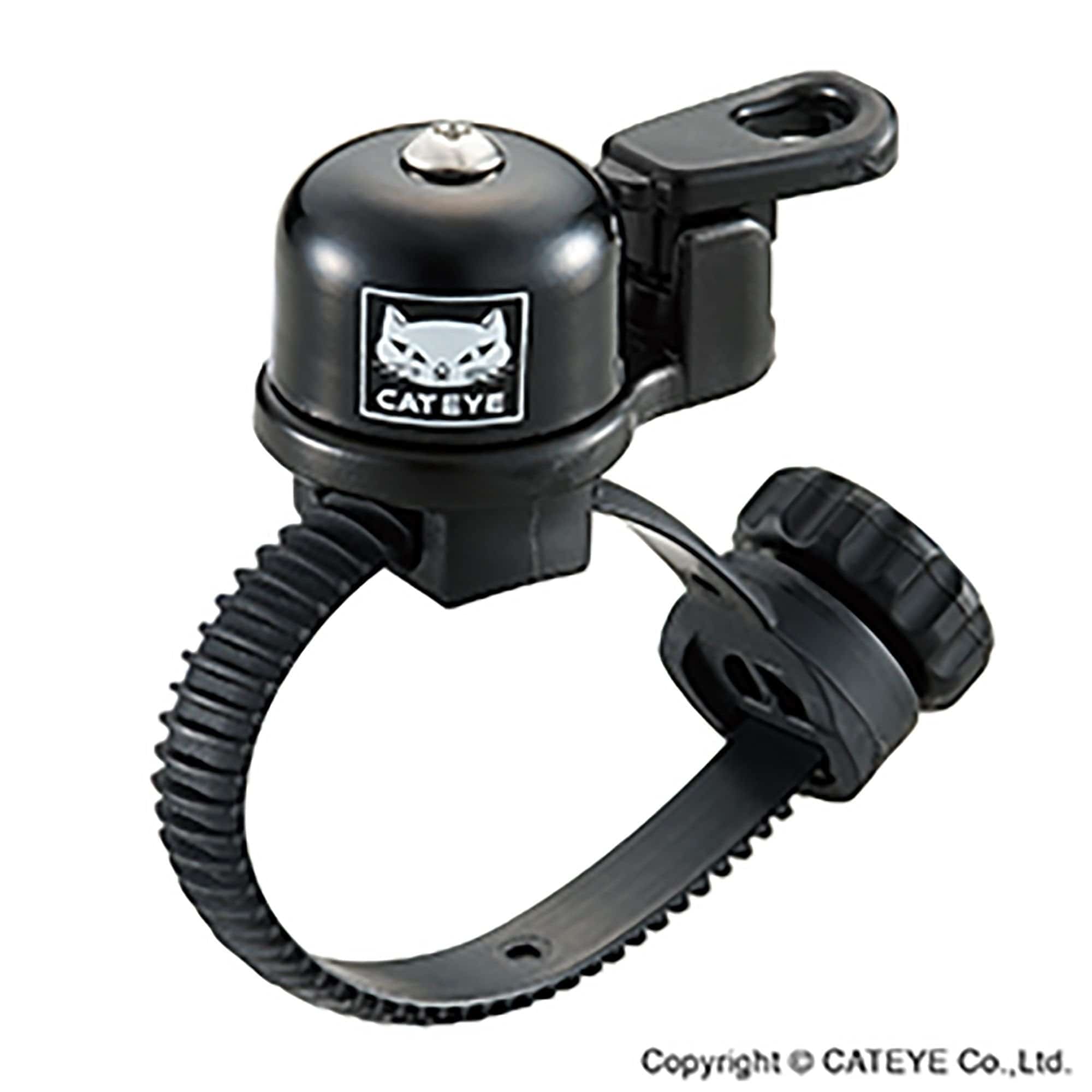 Cateye Oh-2400 Flextight brass bike bell with loud sound, tool-free mount, 22mm diameter, cycling accessories.