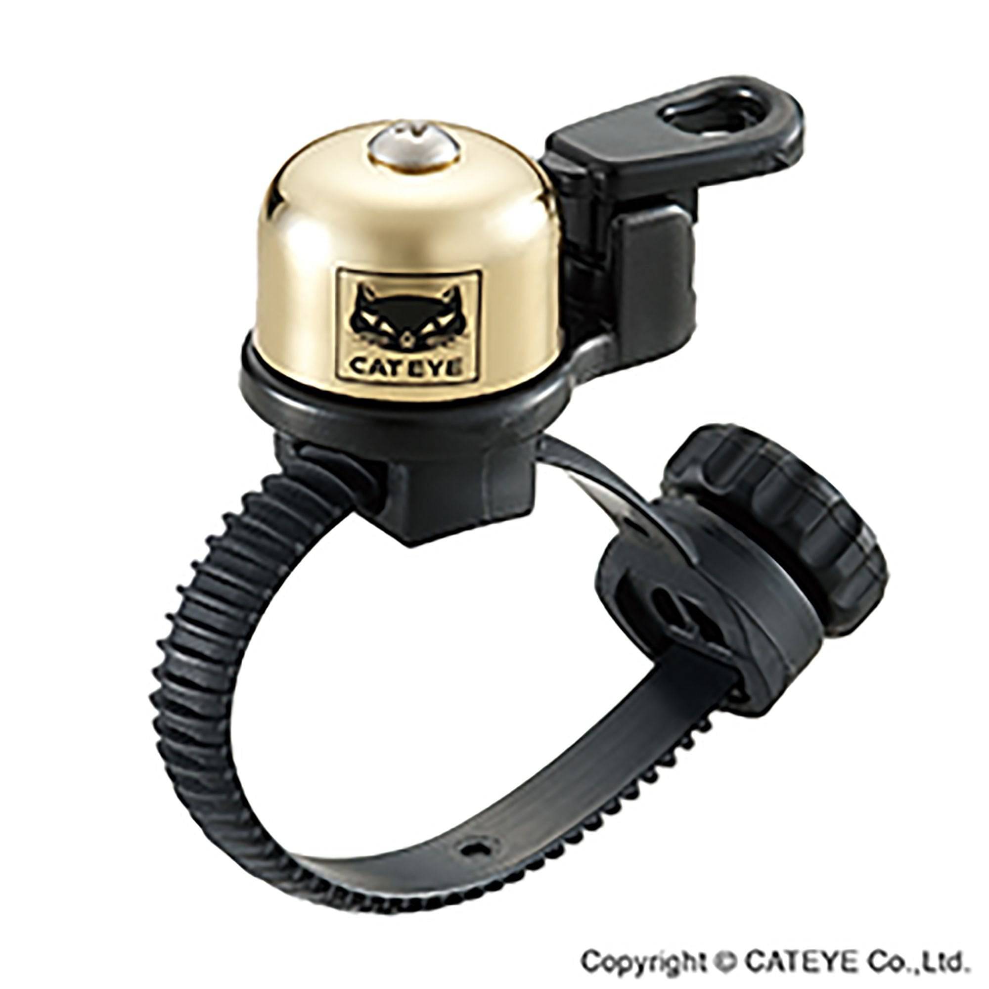 Cateye Oh-2400 Flextight Brass Bike Bell with loud sound, tool-free mount, 22mm diameter, mounted on bicycle handlebars.