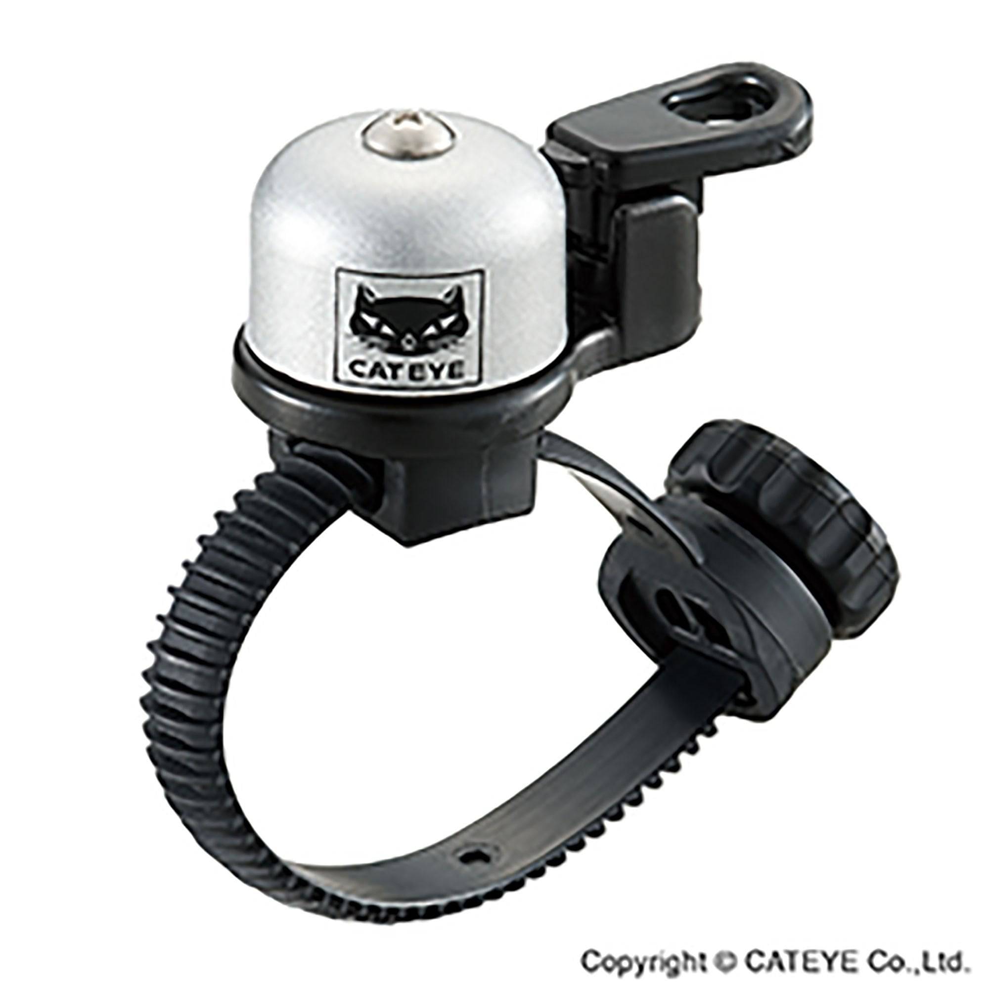 Cateye Oh-2400 Flextight Brass Bike Bell with loud sound, tool-free 22mm mount, shown on a bicycle handlebar.