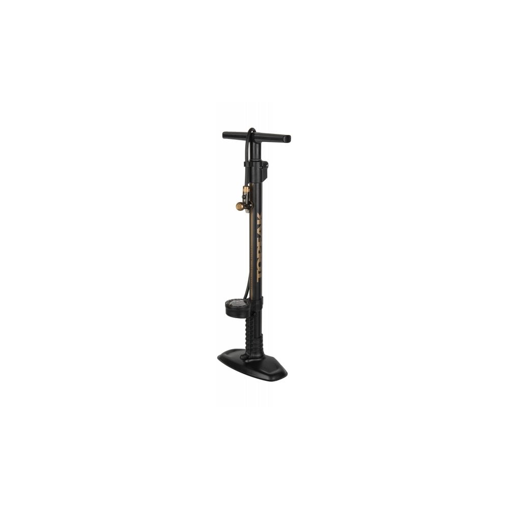 Topeak JoeBlow Tubi 2Stage pump in black and gold, tubeless tire inflator with Tubi-Head for bike accessories.
