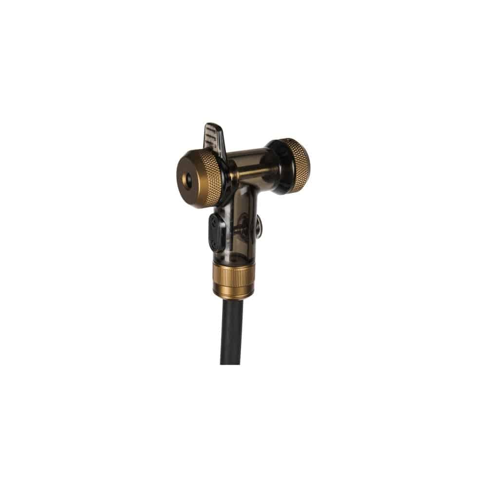 Topeak JoeBlow Tubi 2Stage pump in black and gold with Tubi-Head, tubeless tyre inflator for bike accessories.
