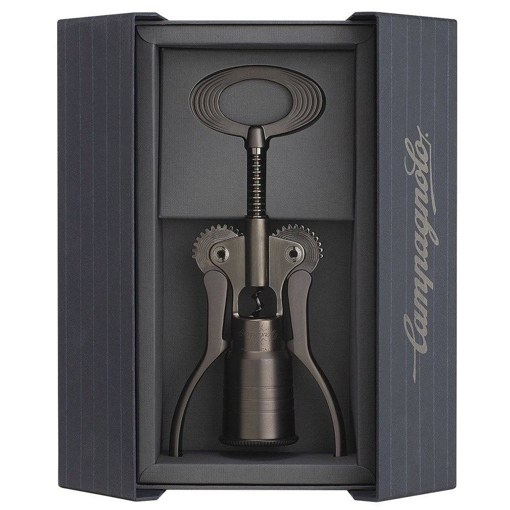 Campagnolo BIG Corkscrew wine bottle opener in black with ergonomic handle, designed for opening wine bottles easily.