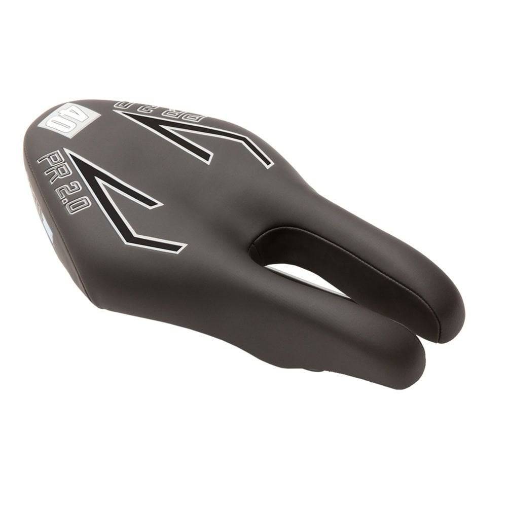 ISM PR 2.0 black nose-less cycling saddle for road, triathlon, and hybrid bikes, featuring ergonomic design and sleek finish.