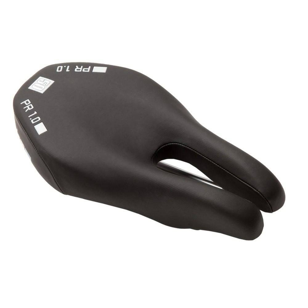 ISM PR 1.0 black nose-less bike saddle for hybrid, triathlon, and road bikes, featuring ergonomic design and sleek black finish.