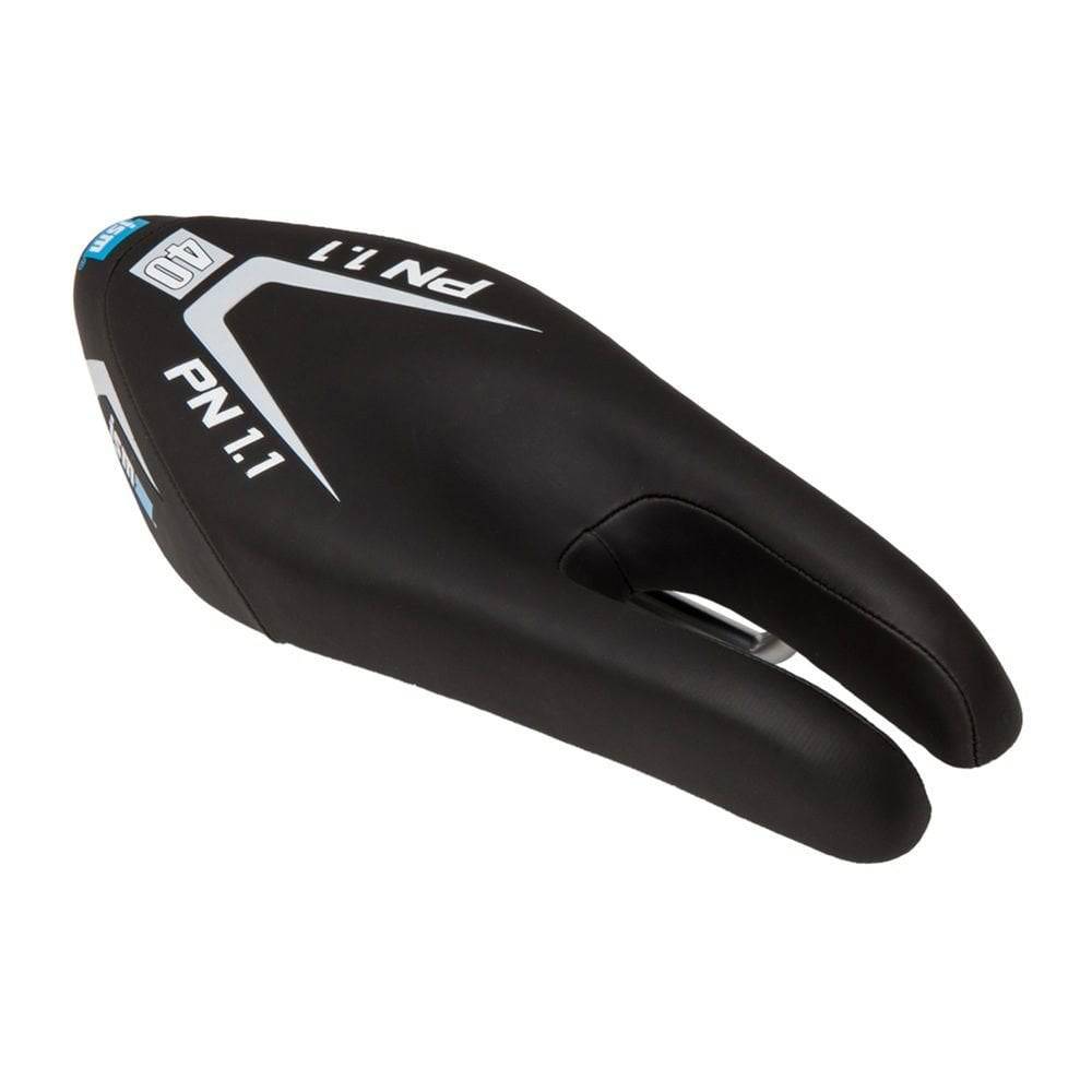 ISM PN 1.1 black nose-less bike saddle with gel padding for comfort, shown from side angle on a bike seat.