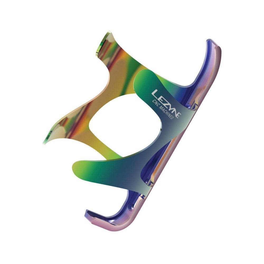 Lezyne CNC alloy water bottle cage in Neo Metallic finish, lightweight and durable bike accessory with sleek aluminum design.