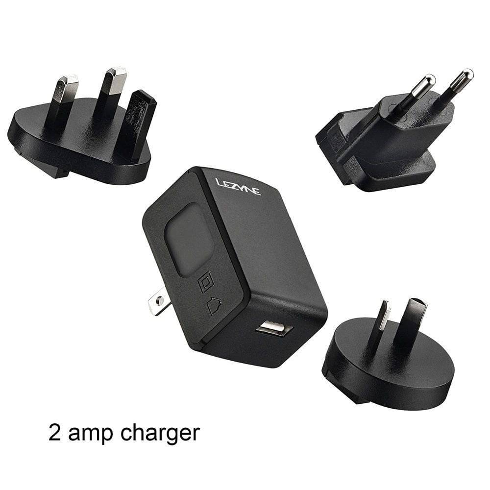 Lezyne International 2A USB charging kit with worldwide plug adapters for LED bike lights and accessories.