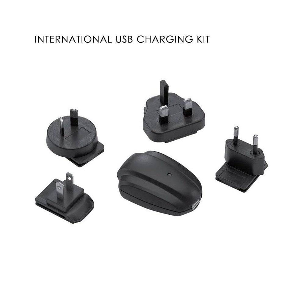Lezyne USB charging kit with global plug adapters for LED bike lights, compact accessories for easy charging.