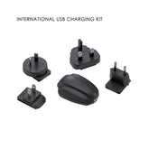 Lezyne International USB charging kit with global plug adapters for LED bike lights, compact accessories for convenient charging.