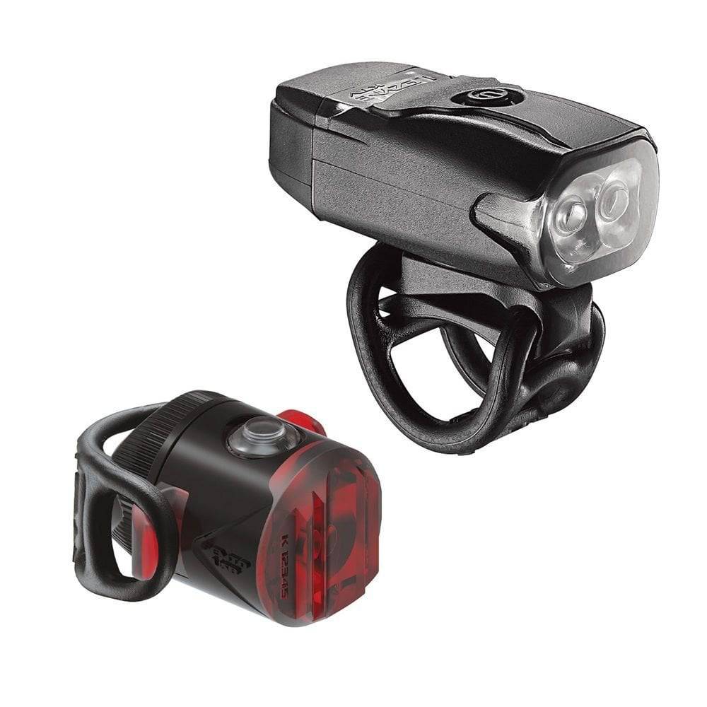Lezyne KTV Drive and Femto USB bike lights pair in black, rechargeable, waterproof IPX7 bike accessories for visibility and safety.
