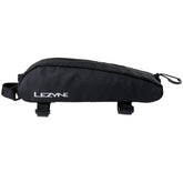Lezyne Aero Energy Caddy black bike bag mounted on top tube, water-resistant storage for cyclist accessories and energy gels.