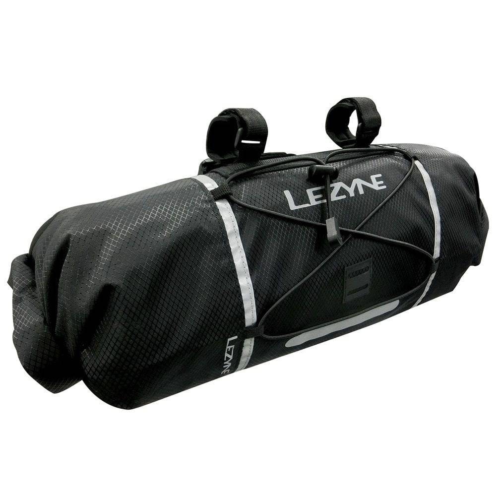 Lezyne Bar Caddy handlebar bag with water-resistant material, quick-attach straps, and reflective safety features for cycling accessories.